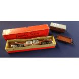 Three Hornby O Gauge LMS items including, trolley wagon LMS- 1927-30 boxed, flat truck LMS (pre-