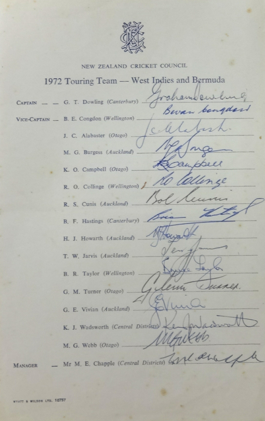 Of Cricket interest, an original signed touring sheet of the 1972 New Zealand cricket tour of West