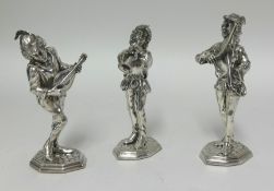 Three continental silver figures of musicians approx 14cm height