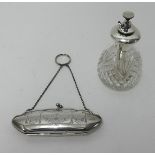 A silver purse with engraved decoration t/w a silver and glass atomizer (2).