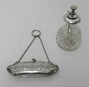 A silver purse with engraved decoration t/w a silver and glass atomizer (2).