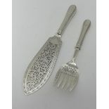 Pair of silver fish eaters with filled silver baluster handles and silver blades and tines