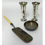 A pair of silver spill vases, a fish slice and a dish