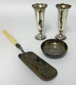 A pair of silver spill vases, a fish slice and a dish