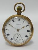 Waltham, a 9ct open faced pocket watch with subsidiary second dial, stamped 375, with wood watch