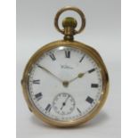 Waltham, a 9ct open faced pocket watch with subsidiary second dial, stamped 375, with wood watch