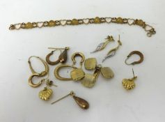 A 9ct gold heart design bracelet together with 9ct and yellow metal earrings, cufflinks etc (gross