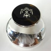 A silver capstan inkwell with inlaid tortoiseshell lid (lid detached).