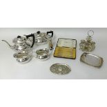 A large collection of silver plated wares including tea set, flat ware, egg cruet, trays, sugar