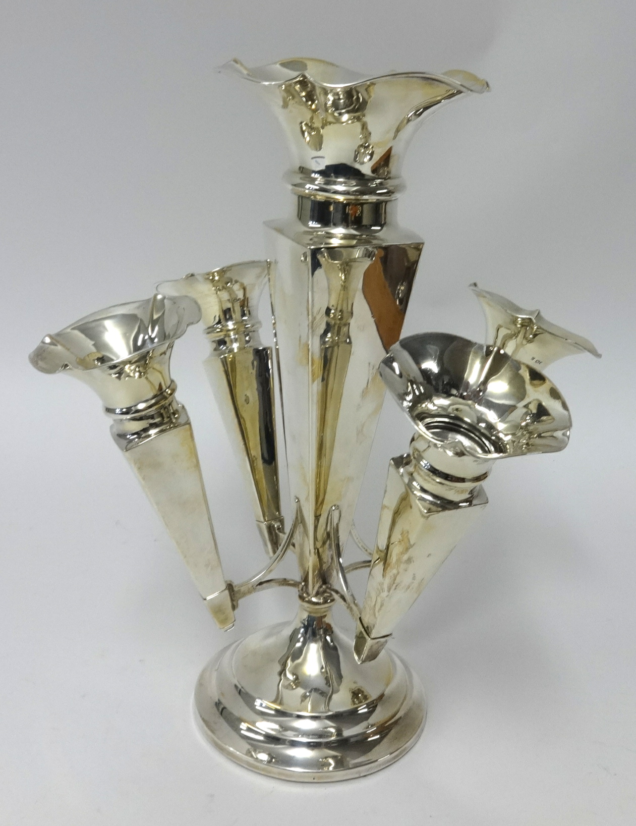 A George V five flute bud flower vase, epergne, indistinct hallmark, Sheffield 1919, approx 40oz.