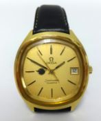 Omega, a gents 18ct gold Seamaster, quartz wristwatch with date.