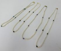 Four pearl style necklaces, set with coloured stones with gold clasps, stamped 585.