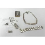 Silver ingot five bar necklace, a silver link necklace, a silver locket and pendant (approx 8.