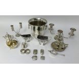 Various silver plated wares including ice bucket, candelabra, vesta's, napkin rings, tea strainer,
