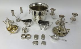 Various silver plated wares including ice bucket, candelabra, vesta's, napkin rings, tea strainer,
