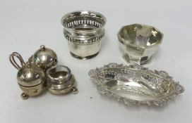 A silver cruet, sugar bowl and other dishes, approx 8.40oz