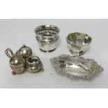 A silver cruet, sugar bowl and other dishes, approx 8.40oz