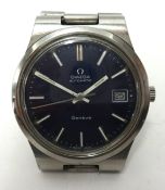 Omega, a gents stainless steel Geneva automatic wristwatch with blue dial and date.