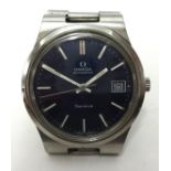 Omega, a gents stainless steel Geneva automatic wristwatch with blue dial and date.