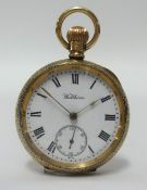 Waltham, a ladies 9ct gold open face fob watch, with keyless movement and subsidiary second dial.