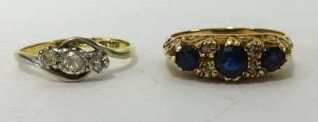 A 9ct gold sapphire and small diamond dress ring also a 18ct and platinum small three stone