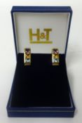 A pair of fancy 18ct gold and diamond multi coloured stone set earrings, approx 19mm long.