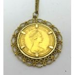 A QEII gold sovereign 1981 mounted in a 9ct pendant on fine chain.