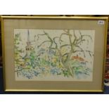 Pierre Valignat?, signed watercolour 'Church and Flowers' 48cm x 32cm.