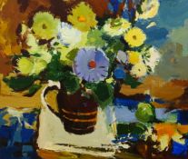 Donald McIntyre (Scottish 1923-2009), signed oil on board, 'Flowers in a Brown Jug', 52cm x 60cm.
