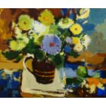 Donald McIntyre (Scottish 1923-2009), signed oil on board, 'Flowers in a Brown Jug', 52cm x 60cm.
