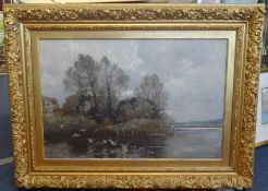 Fred Whitehead (1853-1938) oil on canvas 'The Frome in Dorchester', in original carved gilt frame,