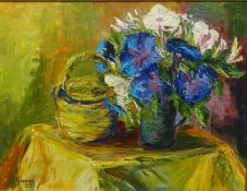 Continental School, signed oil on canvas, Still Life, vase of bright flowers beside a basket, 44cm x