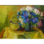 Continental School, signed oil on canvas, Still Life, vase of bright flowers beside a basket, 44cm x