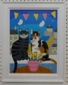 Arth Lawr, signed acrylic on board, 'Two Cornish Cats', 40cm x 30cm, Provenance, directly from the