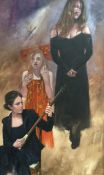 Steve Petrucci Fox (1953-2014) 'Three figures' oil on canvas, 120cm x 69cm, in a wide black frame,
