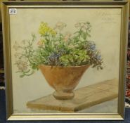 Janey Lee, oil on canvas, 'Flowers in a pot' 46cm x 46cm, together with another.