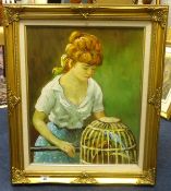 Unsigned oil on canvas, 'Young Lady with Bird Cage', 50cm x 40cm.