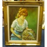 Unsigned oil on canvas, 'Young Lady with Bird Cage', 50cm x 40cm.