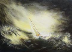 Richard William Payne, acrylic on canvas, sailing boat in stormy seas, in the manner of Turner, 30cm