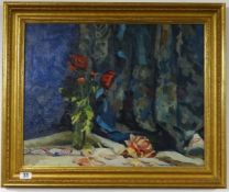 James.H.Morton A.R.C.A, (1881-1918), oil on canvas, 'Still Life Red Flowers, 39cm x 49cm.