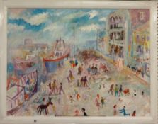 Simeon Stafford (born 1956), signed oil on canvas, 'On The Barbican, Plymouth', 76cm x 100cm.