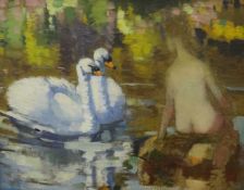 James H Morton, (Lancashire, born 1881 to 1918), oil on canvas, nude figure and swans, James
