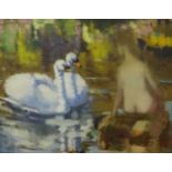 James H Morton, (Lancashire, born 1881 to 1918), oil on canvas, nude figure and swans, James