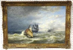 A 19th century signed marine oil, H.L.e Hun ?1859, indistinct signature, shipping in stormy seas,