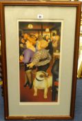 Beryl Cook (1928-2008), 'Dog in the Dolphin', signed print, approx 56cm x 27cm.
