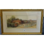 George Oyston (1861-1937), signed watercolour, 'Farmyard', 22cm x 52cm