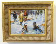 Russian School, B.Eqrun..,? signed oil on canvas, 'Children Playing in the Snow', 23cm x 31cm.
