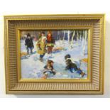 Russian School, B.Eqrun..,? signed oil on canvas, 'Children Playing in the Snow', 23cm x 31cm.