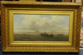 C.Edwards?, 19th/20th century signed, oil on canvas, 'Fishing Boat and Shipping' in carved gilt