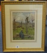 A.E.Fisher, signed watercolour, 'Young Lady in a Meadow with Cattle. 26cm x 20cm, Provenance